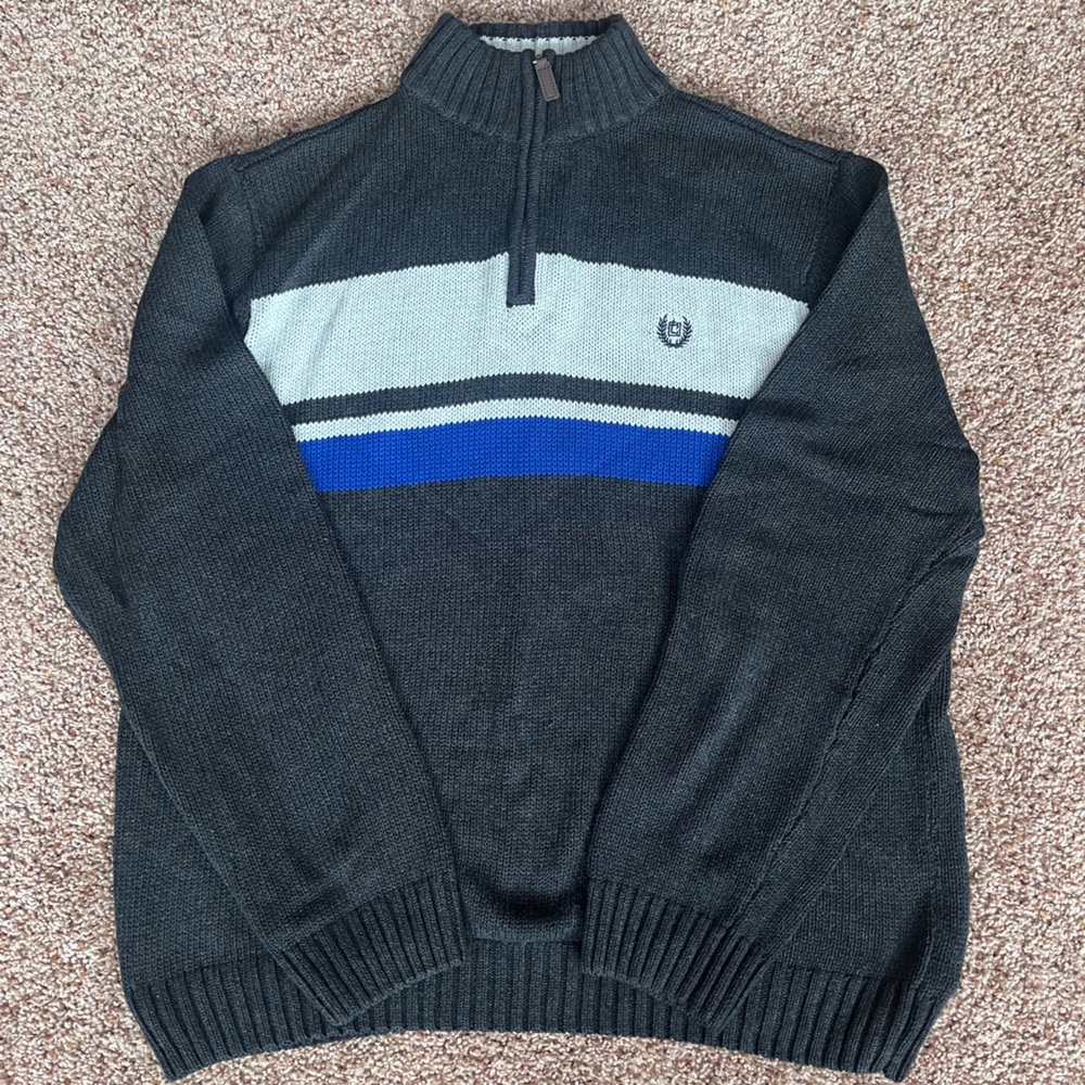 Vintage 90s Chaps Blue and Charcoal‎ Gray Striped Quarter Zip Sweater